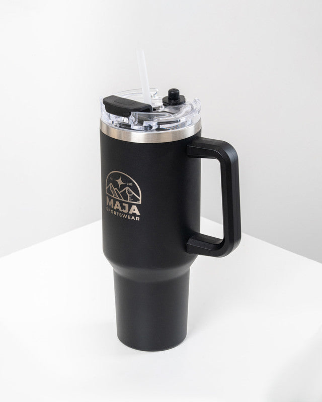 Horizonte Emblem 40 oz Drinkware Tumbler, Black, back view, keeps your drink at the ideal temperature