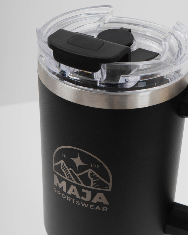 Horizonte Emblem 40 oz Drinkware Tumbler, Black, side view, keeps your drink at the ideal temperature