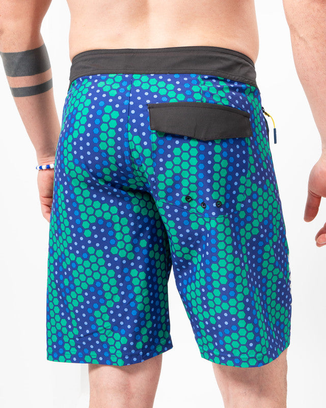 Arrecife Boardshort, Patrón arrecife azul, back view, Slim fit, Polyester, comfortable for training