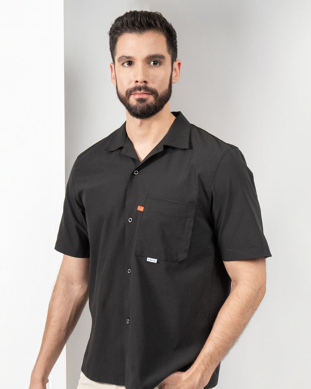 Viajero Shirt, Black, front view, Regular fit, Polyester, with 4-way stretch fabric, ideal for office
