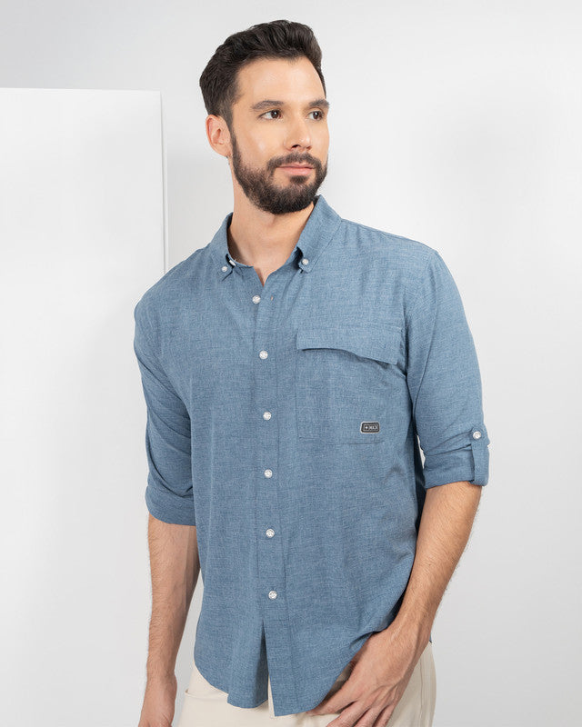 Paz Casual Shirt, Blue, front view, Regular fit, Polyester, with 4-way stretch fabric, ideal for office