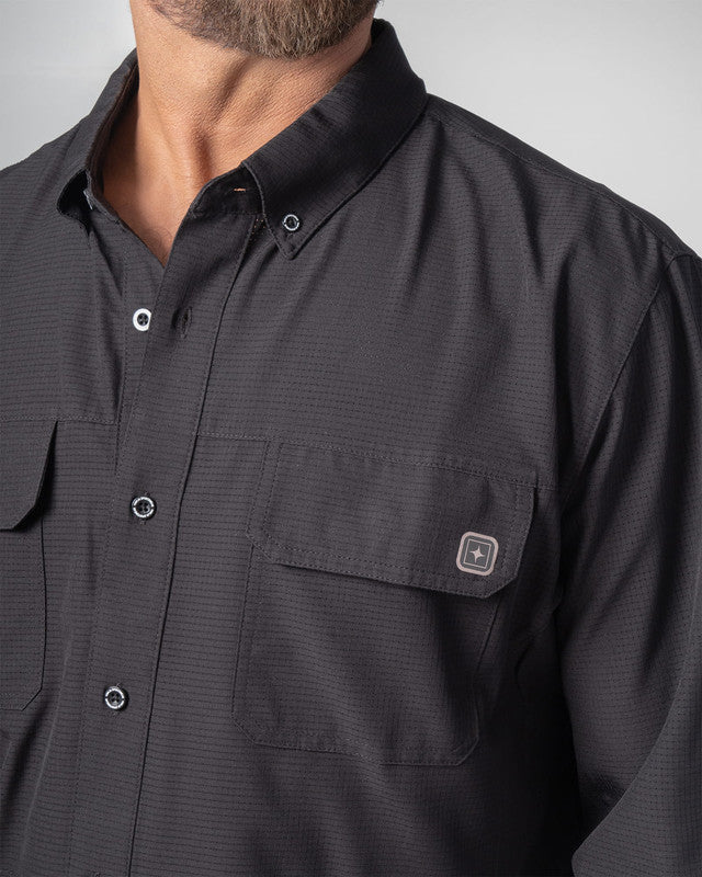 Pescadero Shirt, Black, side view, Relaxed fit, Polyester, with 4-way stretch fabric, ideal for office