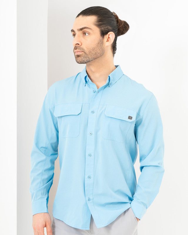 Pescadero Shirt, Sky Blue, front view, Relaxed fit, Polyester, with 4-way stretch fabric, ideal for office