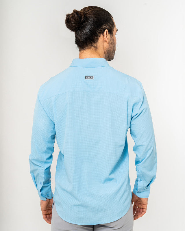 Pescadero Shirt, Sky Blue, back view, Relaxed fit, Polyester, with 4-way stretch fabric, ideal for office