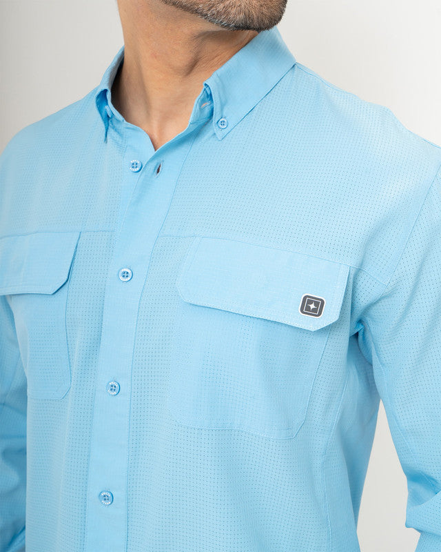 Pescadero Shirt, Sky Blue, side view, Relaxed fit, Polyester, with 4-way stretch fabric, ideal for office