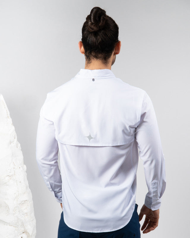 MAJA® Outdoor Signature Shirt, White, back view, Relaxed fit, Polyester, with ripstop, ideal for office