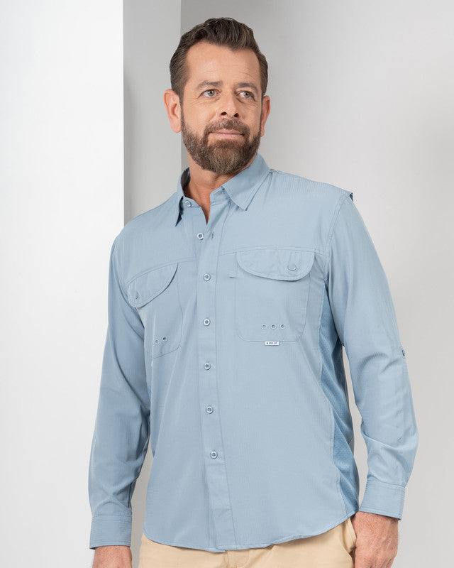 MAJA® Outdoor Signature Shirt, Azul acero, front view, Relaxed fit, Polyester, with ripstop, ideal for office