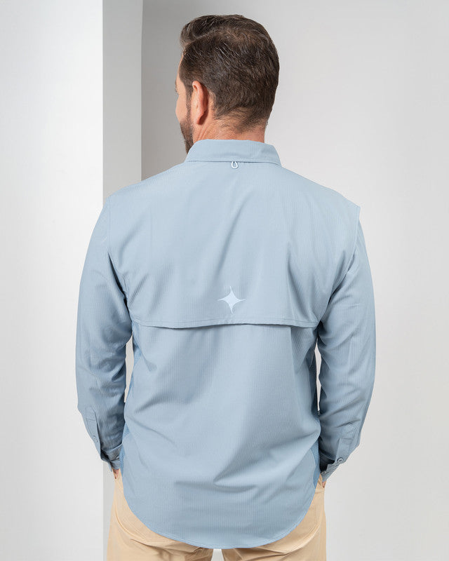 Camisa MAJA® Outdoor Signature, Azul acero, vista posterior, fit Relajado, Poliéster, con Tela antidesgarro, ideal para oficina