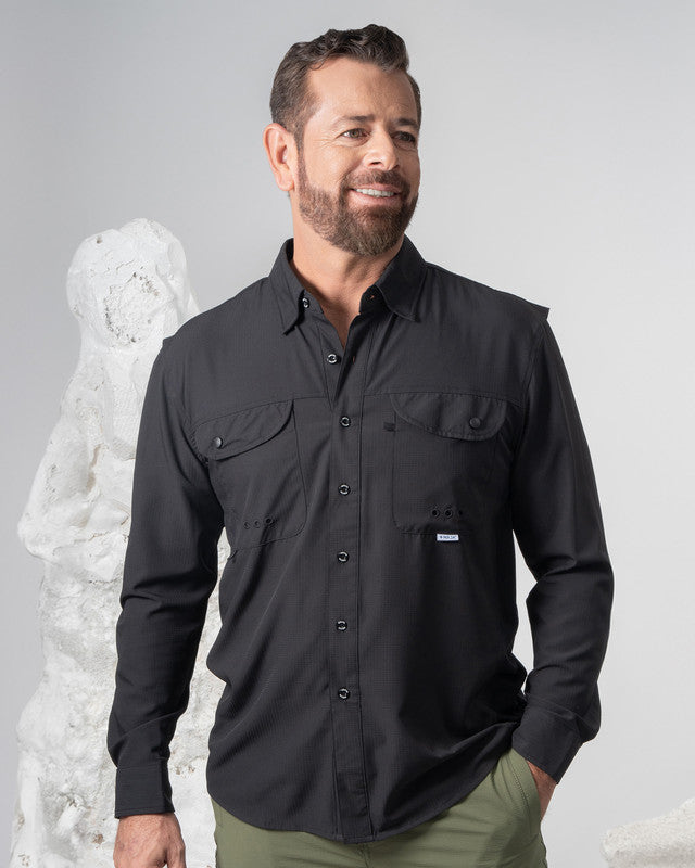 MAJA® Outdoor Signature Shirt, Black, front view, Relaxed fit, Polyester, with ripstop, ideal for office