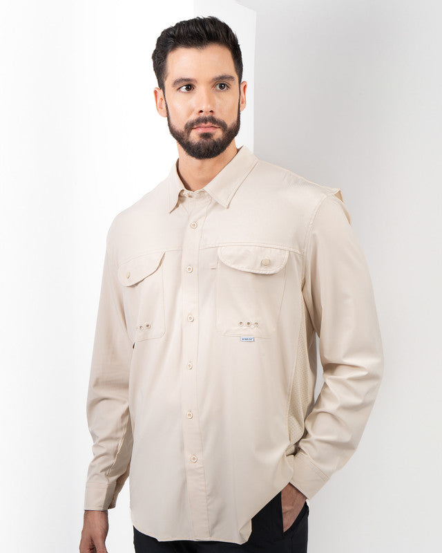 MAJA® Outdoor Signature Shirt, Khaki claro, front view, Relaxed fit, Polyester, with ripstop, ideal for office
