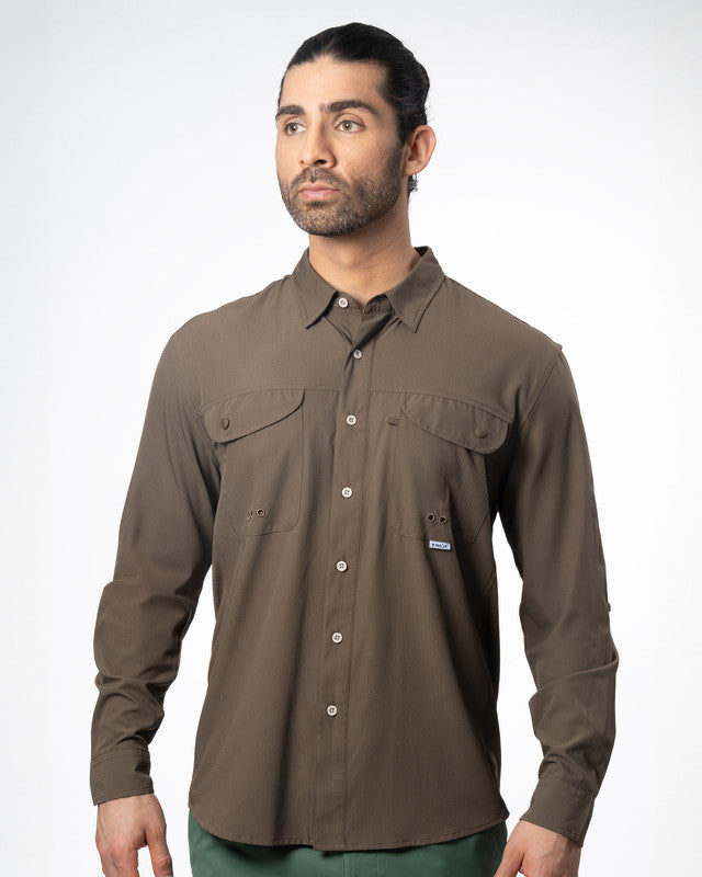 MAJA® Outdoor Signature Shirt, Brown, front view, Relaxed fit, Polyester, with ripstop, ideal for office