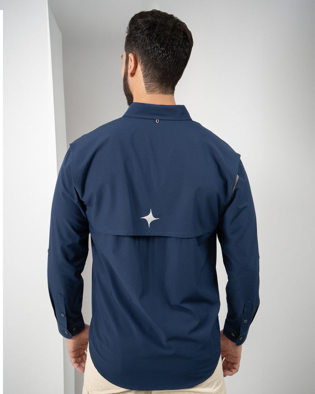 MAJA® Outdoor Signature Shirt, Navy Blue, back view, Relaxed fit, Polyester, with ripstop, ideal for office