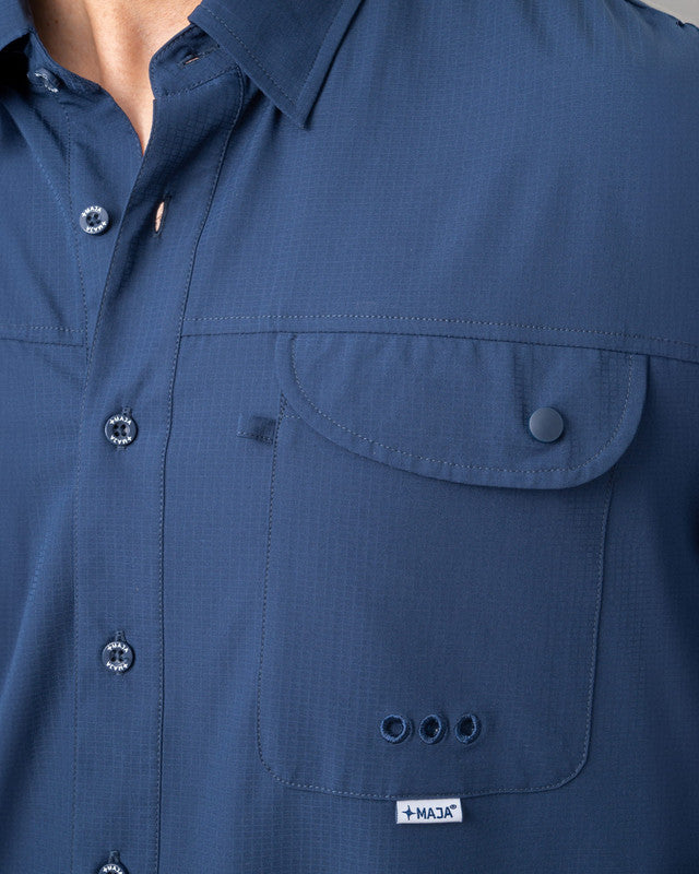 MAJA® Outdoor Signature Shirt, Navy Blue, side view, Relaxed fit, Polyester, with ripstop, ideal for office