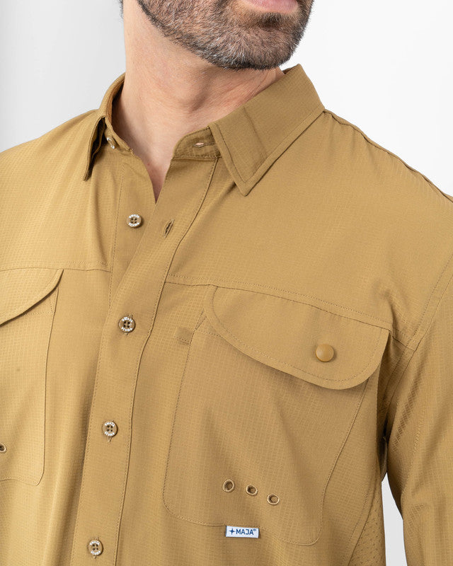 MAJA® Outdoor Signature Shirt, Brown, side view, Relaxed fit, Polyester, with ripstop, ideal for office