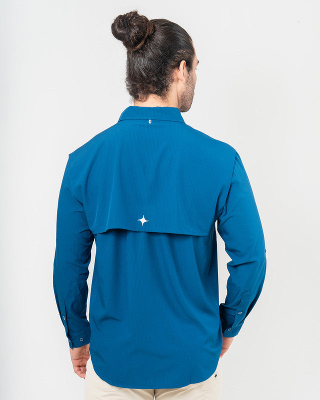 MAJA® Outdoor Signature Shirt, Blue, back view, Relaxed fit, Polyester, with ripstop, ideal for office