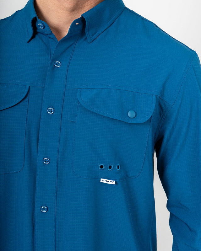MAJA® Outdoor Signature Shirt, Blue, side view, Relaxed fit, Polyester, with ripstop, ideal for office