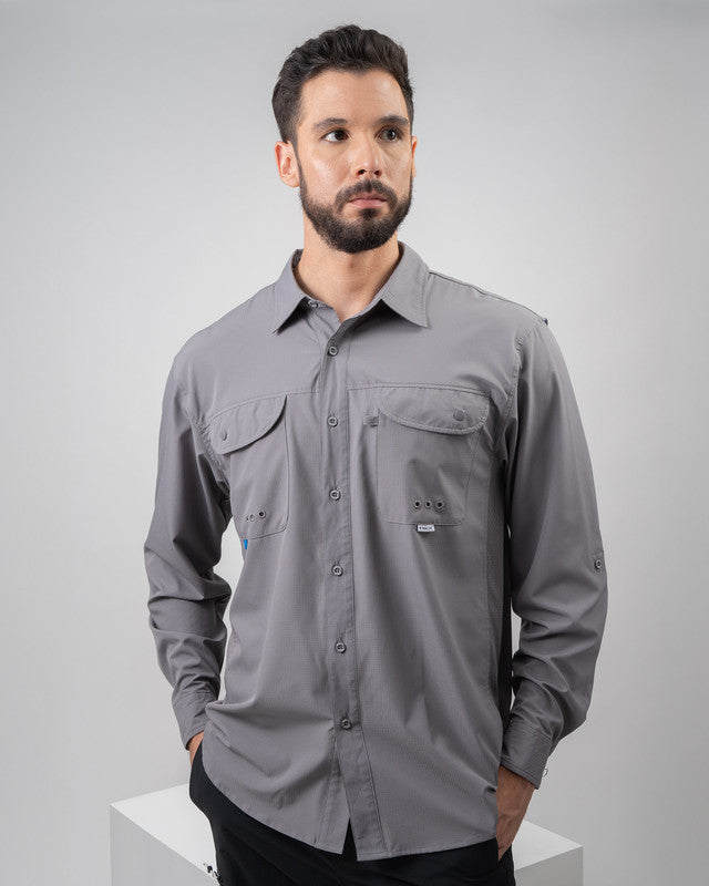 MAJA® Outdoor Signature Shirt, Gray, front view, Relaxed fit, Polyester, with ripstop, ideal for office