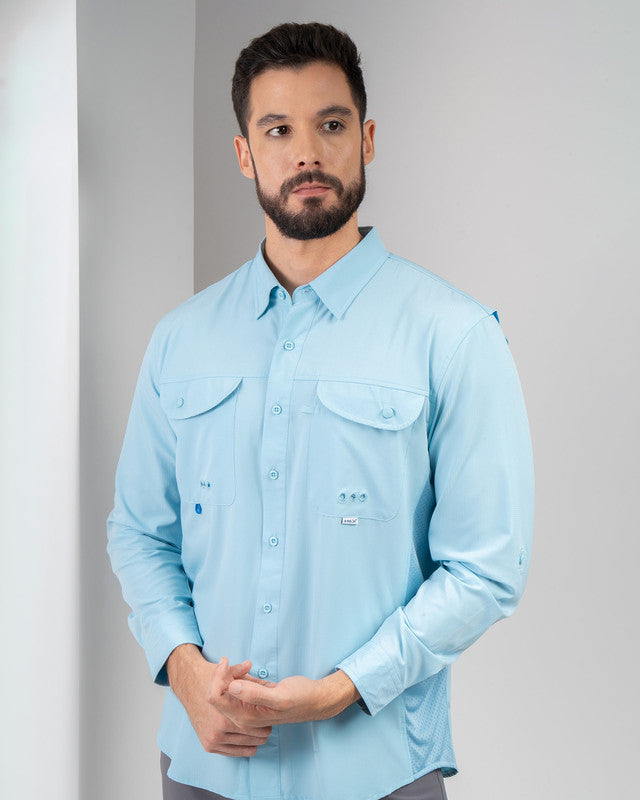MAJA® Outdoor Signature Shirt, Sky Blue, front view, Relaxed fit, Polyester, with ripstop, ideal for office