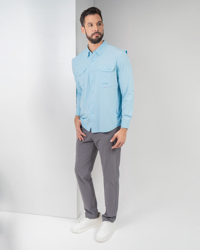 MAJA® Outdoor Signature Shirt, Sky Blue, detail, Relaxed fit, Polyester, with ripstop, ideal for office