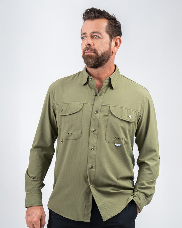 MAJA® Outdoor Signature Shirt, Olive green, front view, Relaxed fit, Polyester, with ripstop, ideal for office