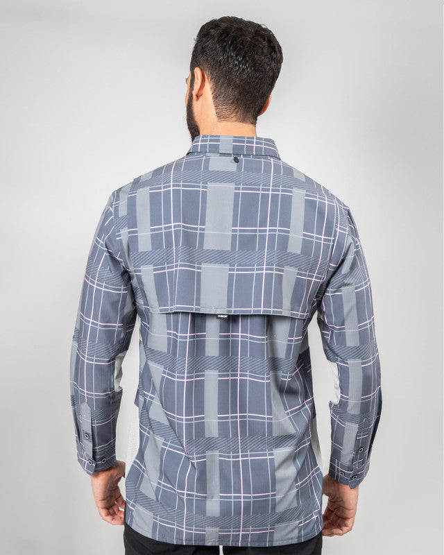MAJA® Outdoor Team Shirt, Gris cuadros, back view, Relaxed fit, Polyester, with ripstop, ideal for office