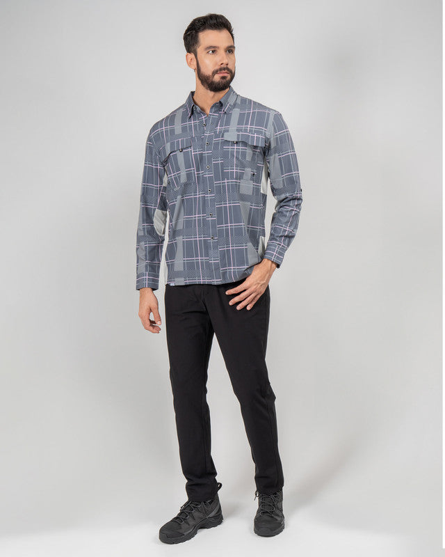 MAJA® Outdoor Team Shirt, Gris cuadros, detail, Relaxed fit, Polyester, with ripstop, ideal for office