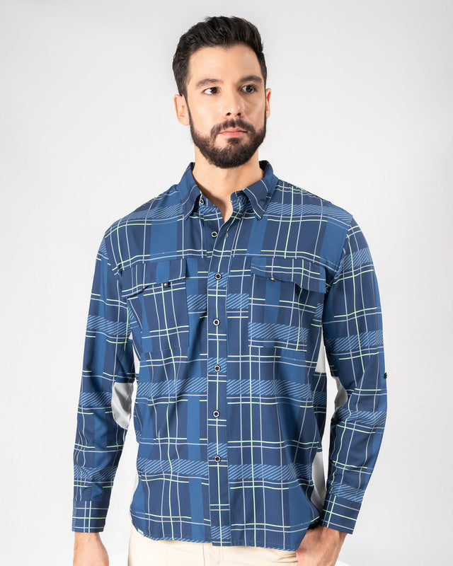 MAJA® Outdoor Team Shirt, Azul cuadros, front view, Relaxed fit, Polyester, with ripstop, ideal for office