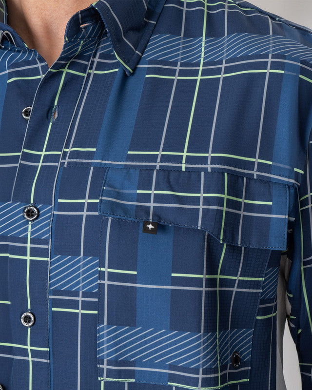 MAJA® Outdoor Team Shirt, Azul cuadros, side view, Relaxed fit, Polyester, with ripstop, ideal for office