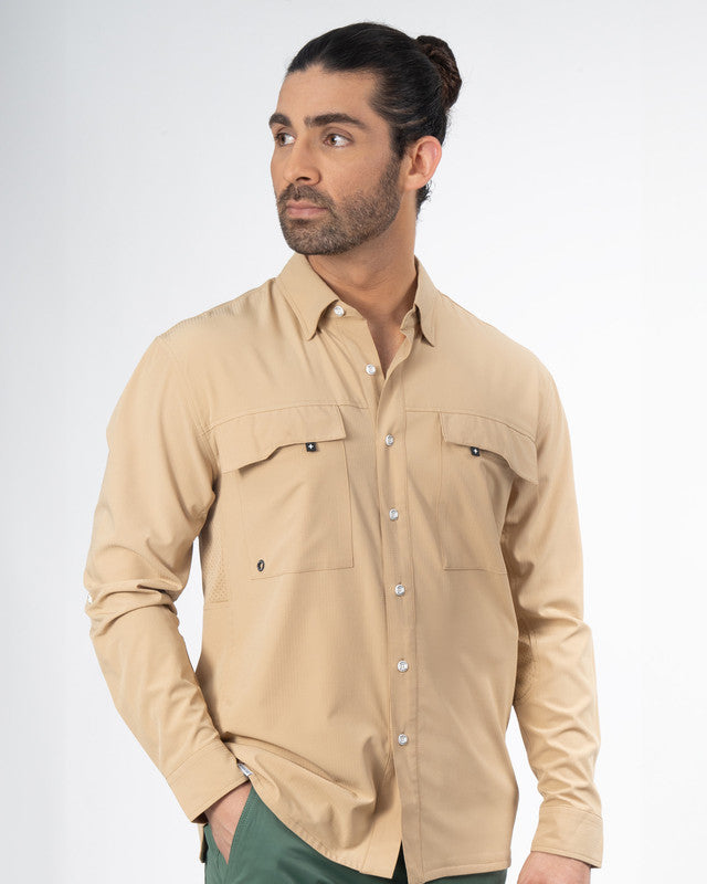 MAJA® Outdoor Team Shirt, Khaki, front view, Relaxed fit, Polyester, with ripstop, ideal for office