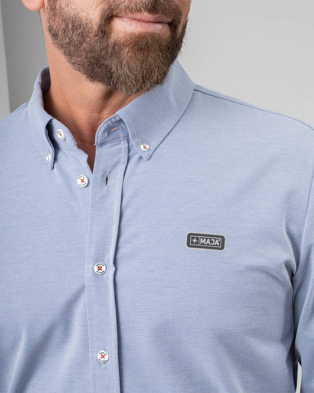 MAJA® Oxford Shirt, Sky Blue, side view, Slim fit, Polyester, with 4-way stretch fabric, ideal for office