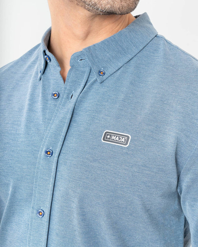 MAJA® Oxford Shirt, Blue, side view, Slim fit, Polyester, with 4-way stretch fabric, ideal for office