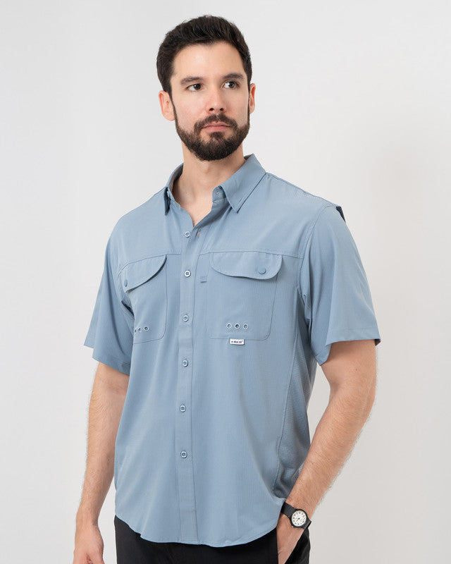 MAJA® Outdoor Signature Shirt, Azul acero, front view, Relaxed fit, Polyester, with ripstop, ideal for office