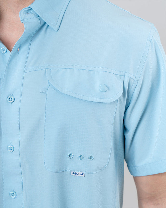 MAJA® Outdoor Signature Shirt, Sky Blue, side view, Relaxed fit, Polyester, with ripstop, ideal for office