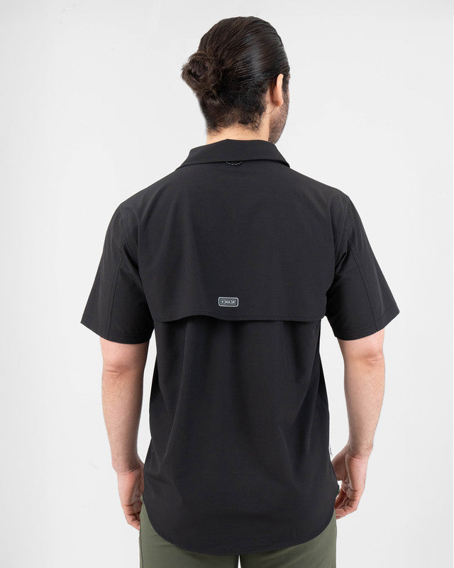 Short-Sleeve Outdoor Explorer Shirt, Black, back view, Relaxed fit, Polyester, with water-repellent, ideal for office