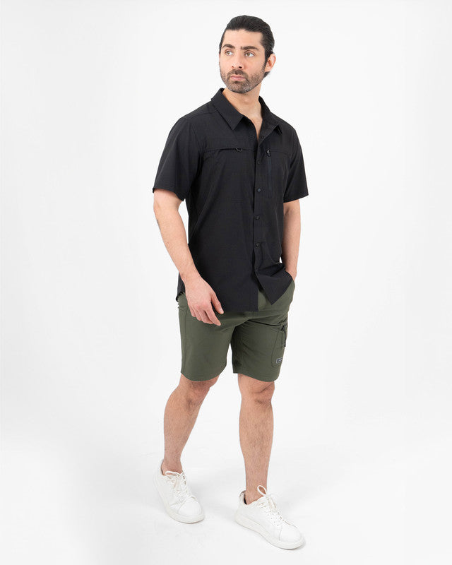 Short-Sleeve Outdoor Explorer Shirt, Black, detail, Relaxed fit, Polyester, with water-repellent, ideal for office