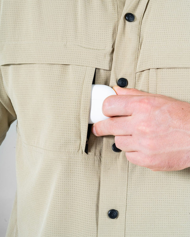 JEEP® x MAJA® Cherokee Outdoor Fishing Short-Sleeve Shirt, Khaki claro, side view, Relaxed fit, Polyester, with 4-way stretch fabric, ideal for office