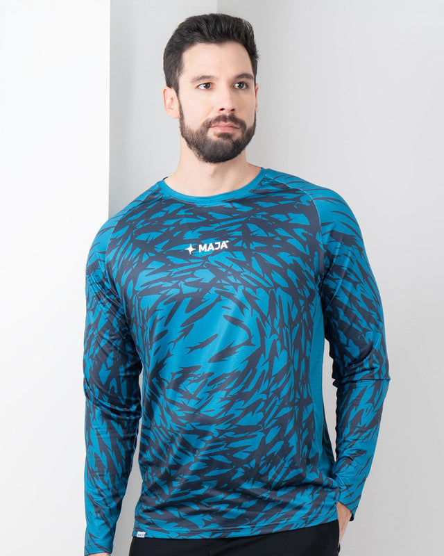 Performance Long Sleeve, Patrón cardumen azul oscuro, front view, Relaxed fit, Polyester, versatile use