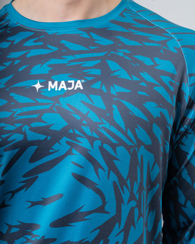 Performance Long Sleeve, Patrón cardumen azul oscuro, side view, Relaxed fit, Polyester, versatile use