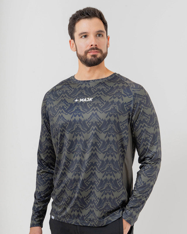 Performance Long Sleeve, Patrón contoy verde, front view, Relaxed fit, Polyester, versatile use