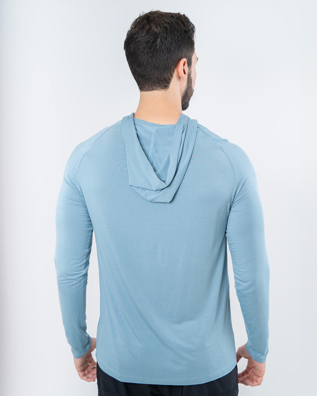 MAJA® Bamboo Performance Hoodie Tee, Azul acero, back view, Relaxed fit, with 4-way stretch fabric, versatile use