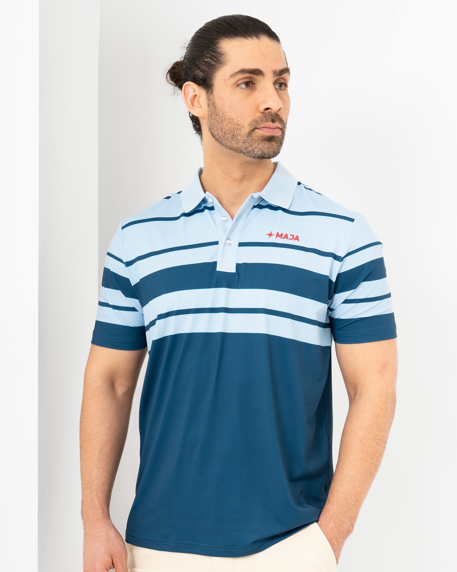 Pure Line Polo, Rayada azul, front view, Regular fit, Polyester, with 4-way stretch fabric, versatile use