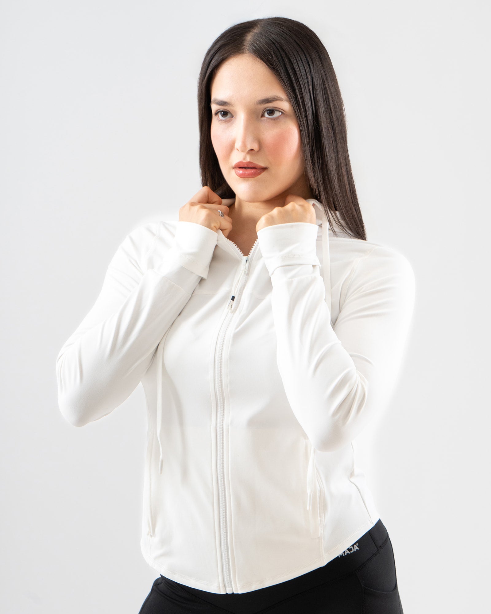 MAJA® Emblema Hoodie, White, front view, Slim fit, Polyamide, with 4-way stretch fabric, great for cold weather