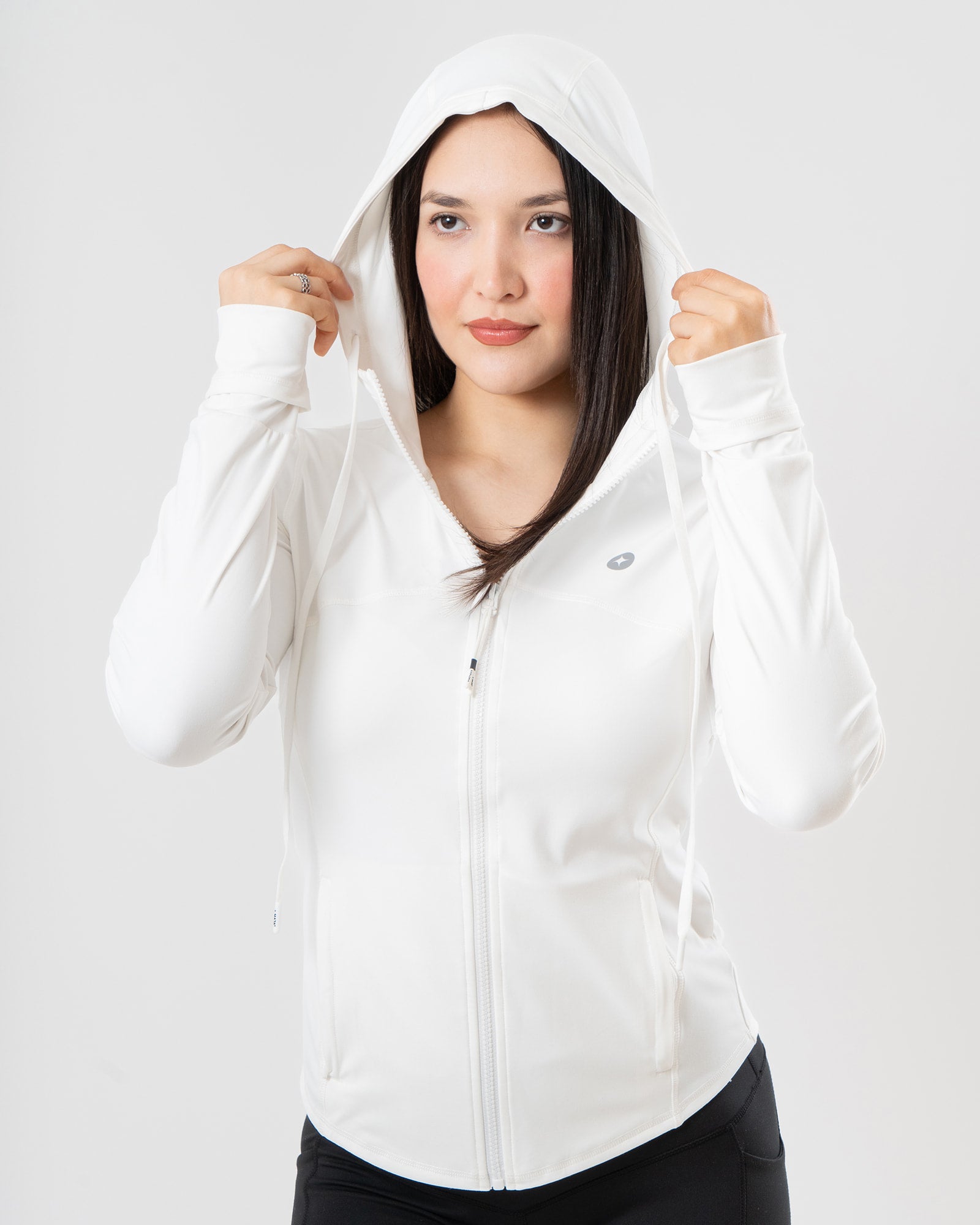 MAJA® Emblema Hoodie, White, back view, Slim fit, Polyamide, with 4-way stretch fabric, great for cold weather