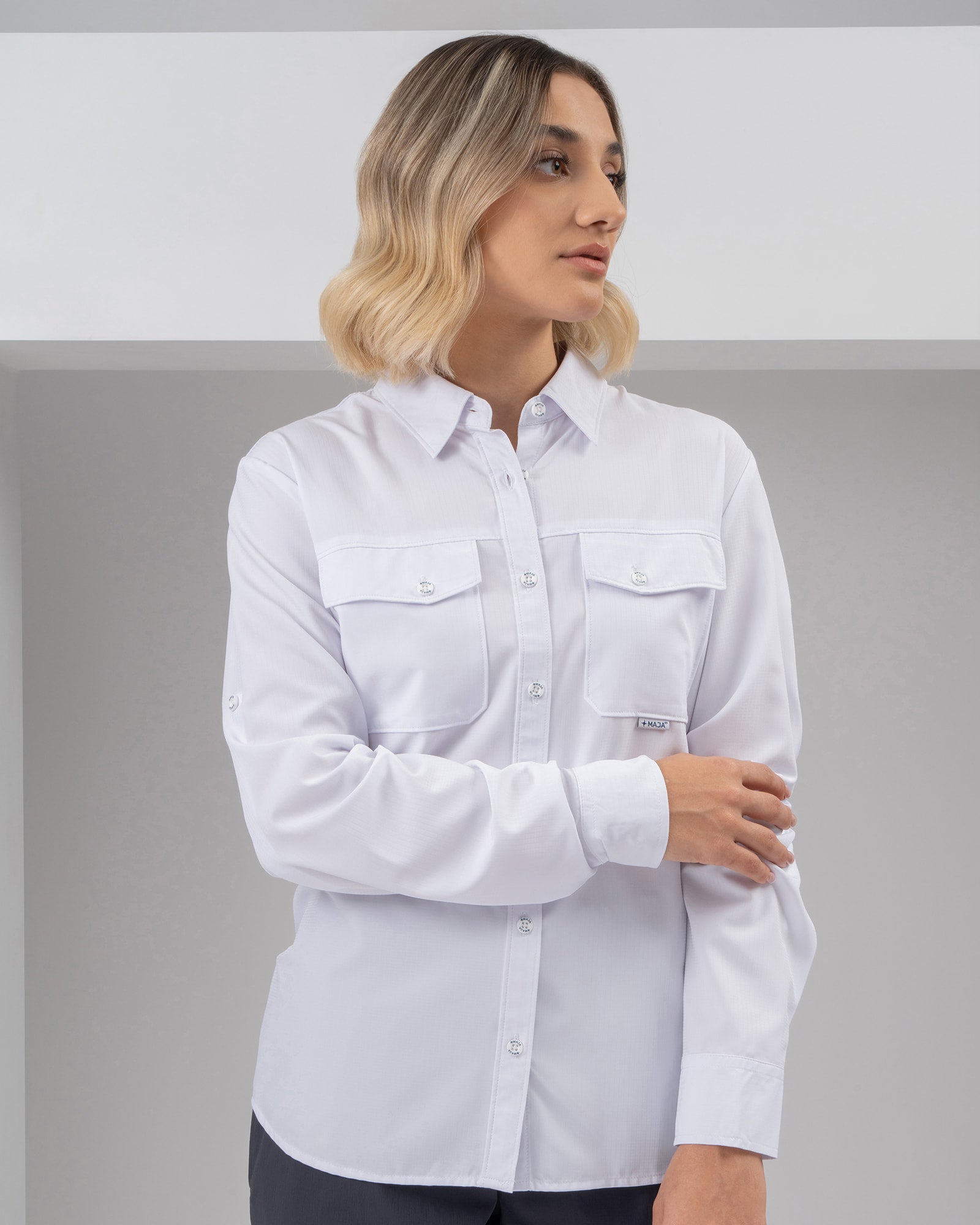 MAJA® Outdoor Signature Shirt, White, front view, Regular fit, Polyester, with ripstop, ideal for office