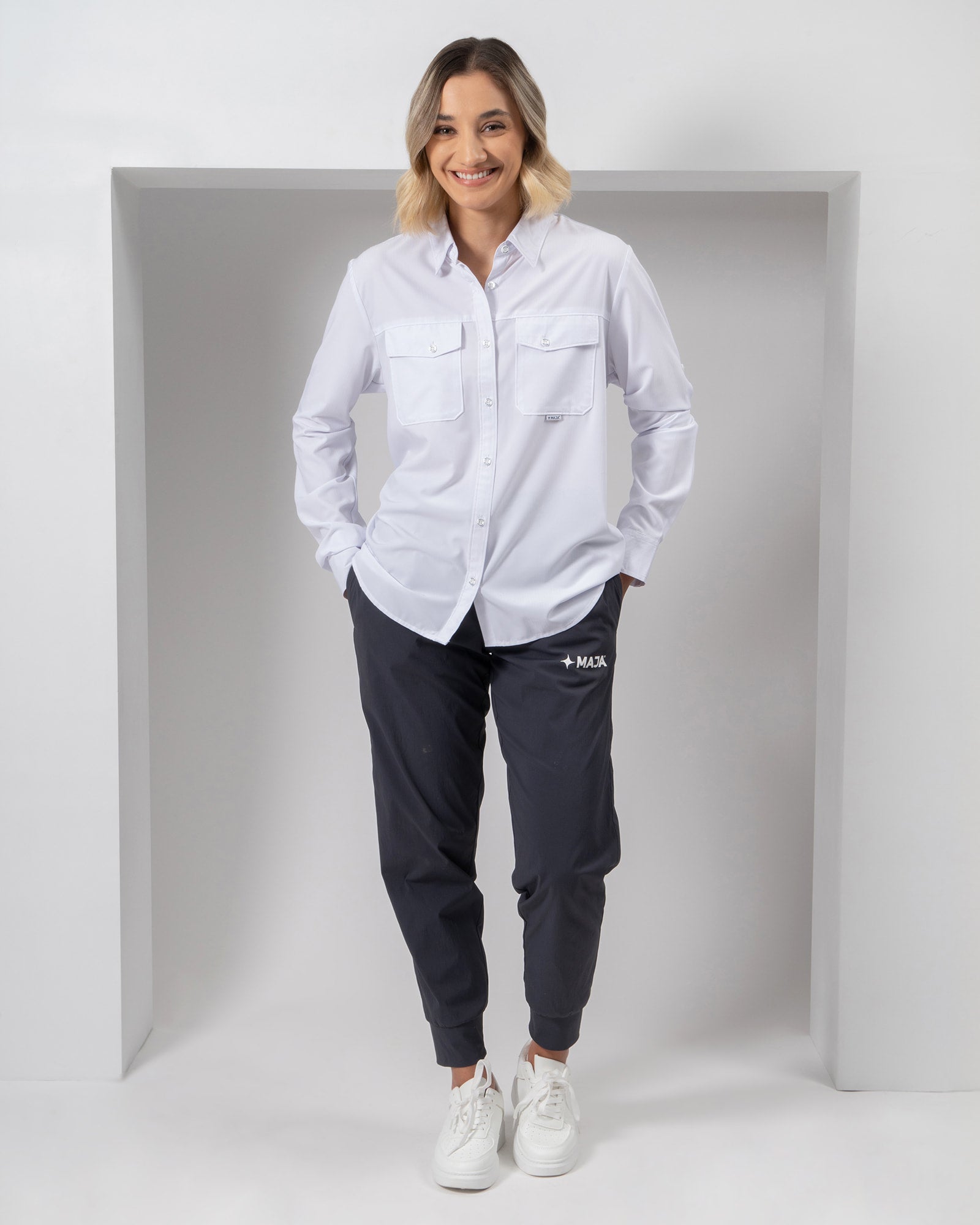 MAJA® Outdoor Signature Shirt, White, detail, Regular fit, Polyester, with ripstop, ideal for office