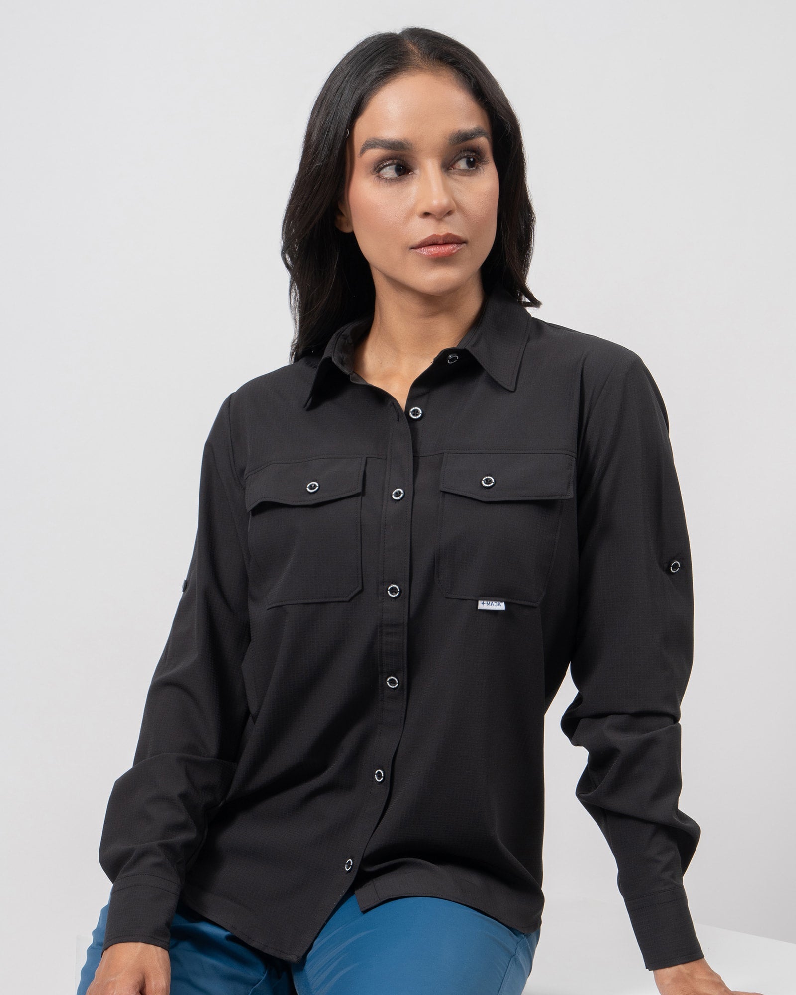 MAJA® Outdoor Signature Shirt, Black, front view, Regular fit, Polyester, with ripstop, ideal for office
