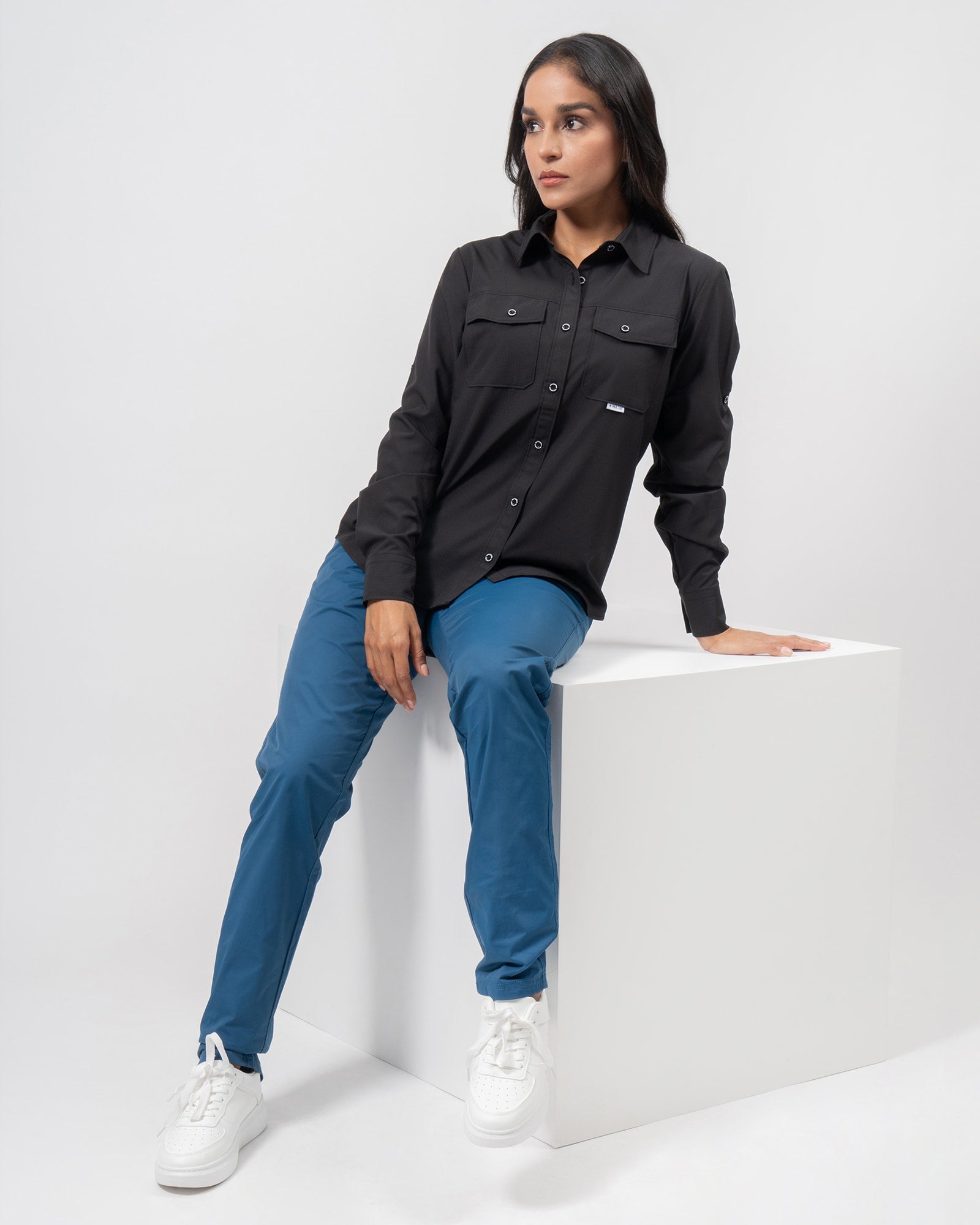 MAJA® Outdoor Signature Shirt, Black, detail, Regular fit, Polyester, with ripstop, ideal for office