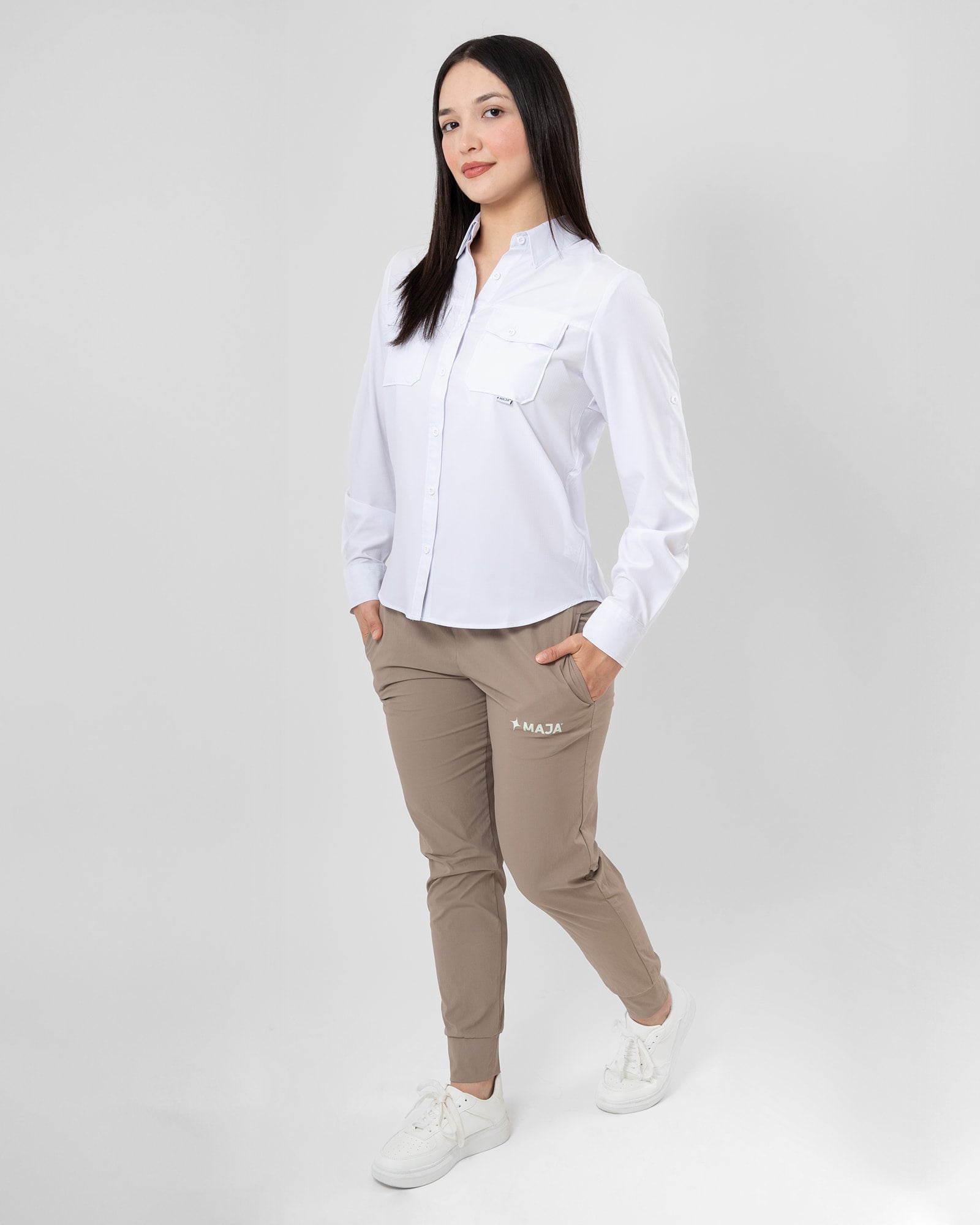 MAJA® Outdoor Signature Shirt, Blanco completo, detail, Regular fit, Polyester, with ripstop, ideal for office