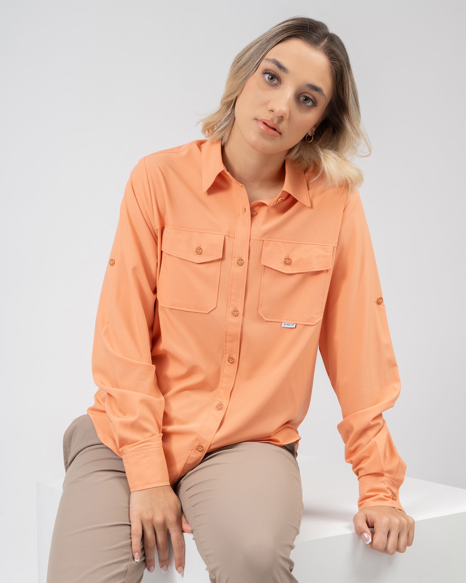 MAJA® Outdoor Signature Shirt, Durazno, front view, Regular fit, Polyester, with ripstop, ideal for office