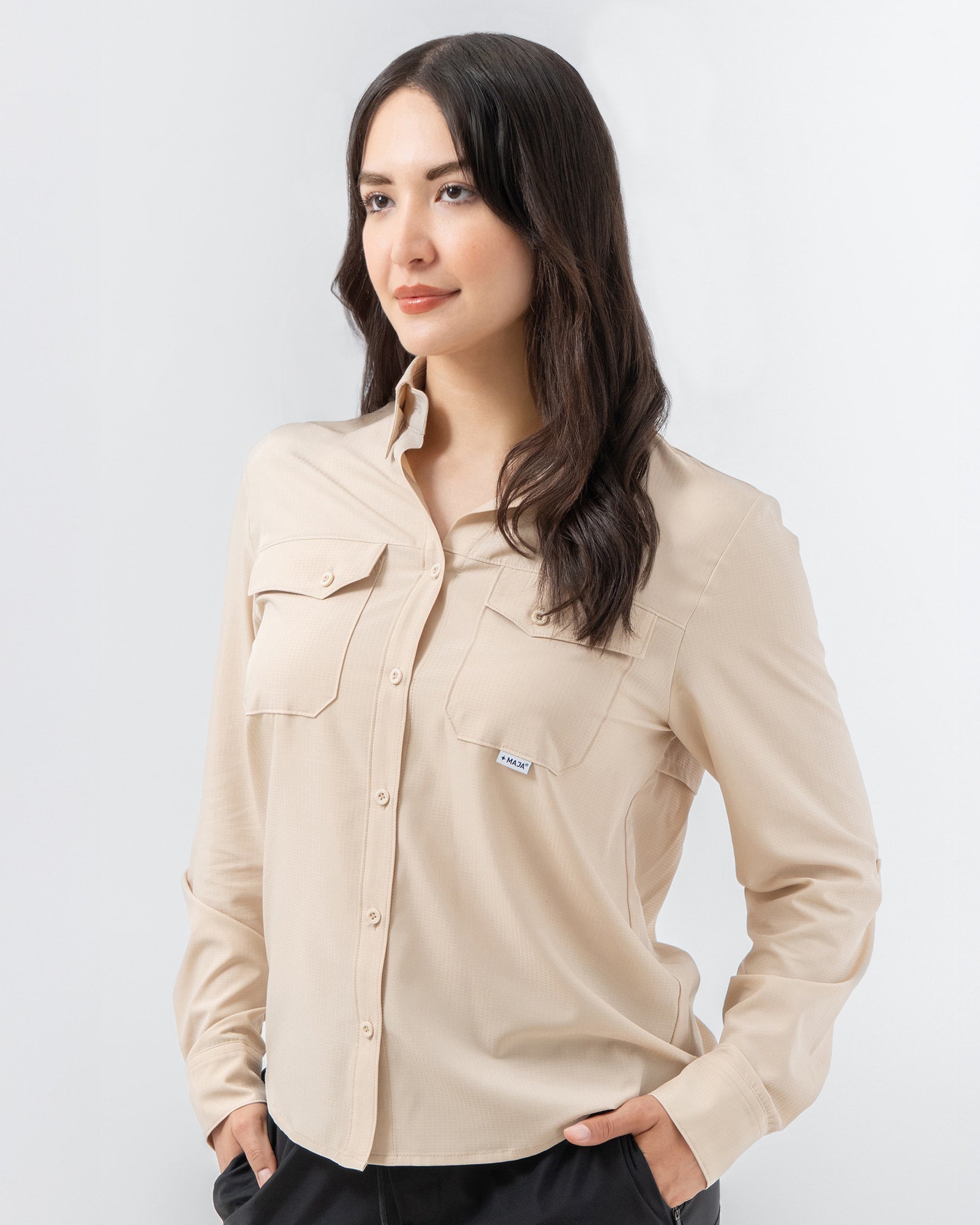 MAJA® Outdoor Signature Shirt, Khaki, front view, Regular fit, Polyester, with ripstop, ideal for office